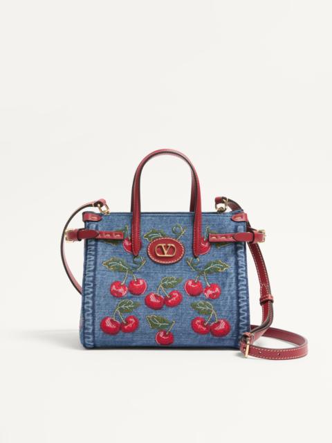Valentino VALENTINO GARAVANI ANTIBES SMALL SHOPPING BAG IN DENIM WITH CHERRYFIC EMBROIDERY