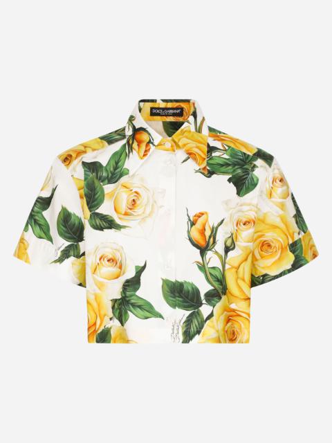 Short cotton shirt with yellow rose print