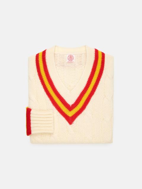 J. PRESS MADE-IN-ENGLAND RED & YELLOW CABLE KNIT CRICKET SWEATER