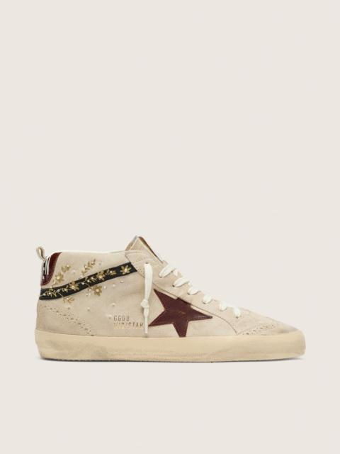 Golden Goose Women’s Mid Star in pearl suede with burgundy leather star and pearl and embroidery inserts