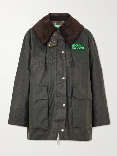 Barbour + Ganni Hooded Corduroy-trimmed Checked Waxed-cotton Jacket