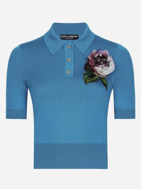 Silk polo-shirt with flower appliqué