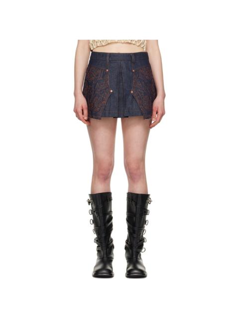Andersson Bell Navy Embroidery Panel Pleated Denim Miniskirt