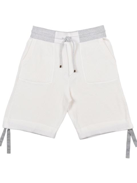 Brunello Cucinelli 100% Cotton English Rib Knit Bermuda Gym Pants "White and Grey" BRUN1066
