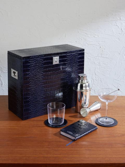 Smythson Silver-Plated and Croc-Effect Leather Cocktail Set Navy