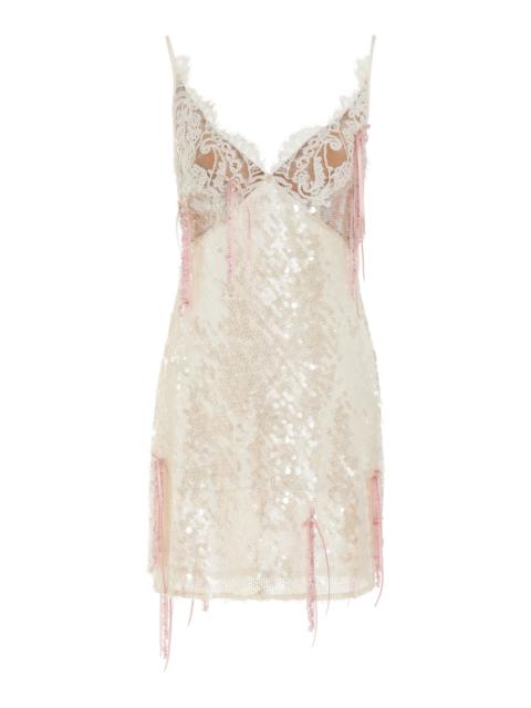 Wiederhoeft Lace-Trimmed Sequined Mini Dress nude