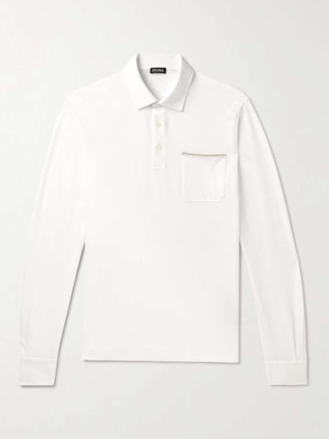 ZEGNA Leather-Trimmed Cotton-Piqué Polo-Shirt