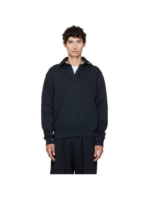 LES TIEN Navy Heavyweight Moto Back Polo