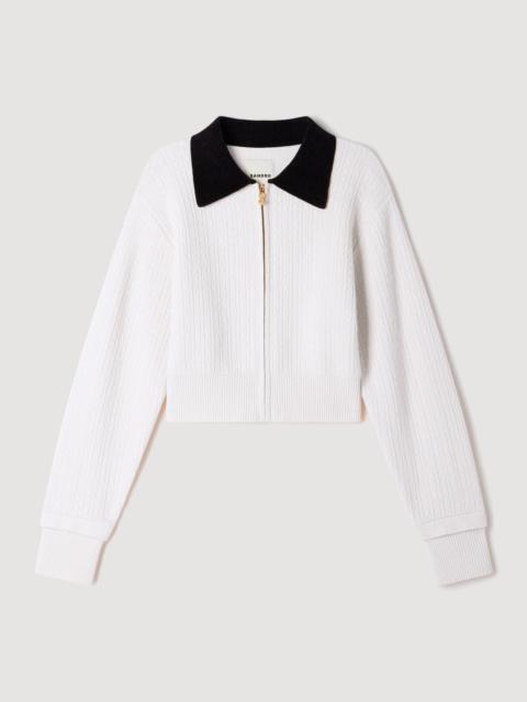 Sandro CABLE KNIT VELVET COLLAR CARDIGAN