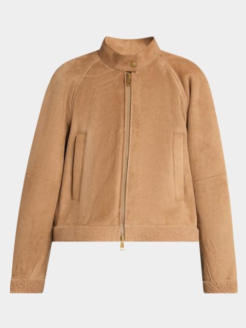 Moncler Vougeot Suede Short Down Combo Jacket with Teddy Trim