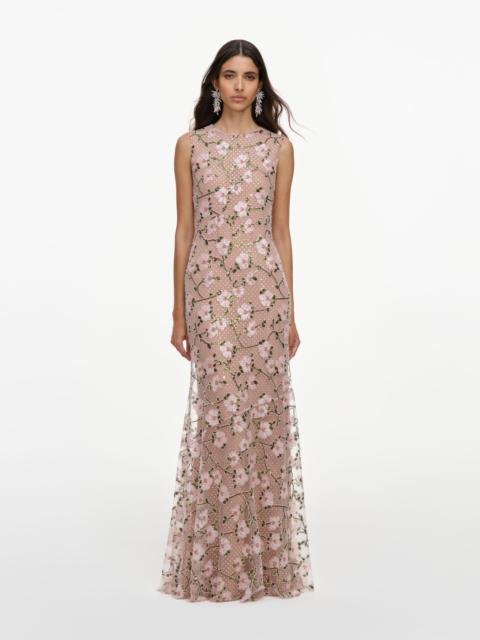 self-portrait Pink Rhinestone Sequin Mesh Maxi Dress