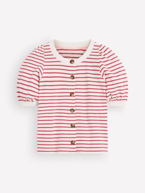 BODEN Button-through Full Sleeve Top-Ivory and Hollyberry Stripe