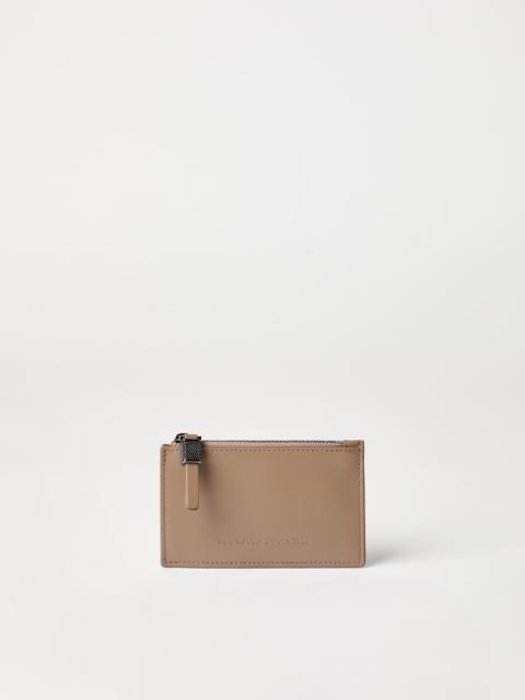 Brunello Cucinelli Calfskin card case with shiny zipper pull