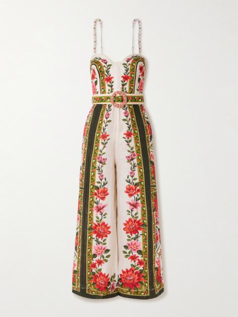 FARM RIO Wonder Rio Belted Embellished Printed Linen Jumpsuit