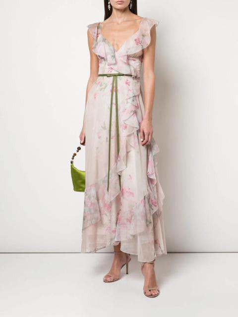 Marchesa PRINT CHIFFON LACE RUFFLE TEA LENGTH MIDI GOWN