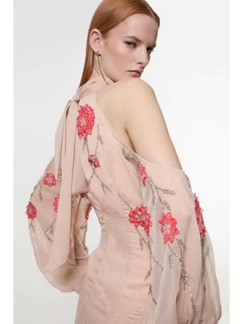 KAREN MILLEN Cold Shoulder 3D Floral Applique Woven Maxi Dress