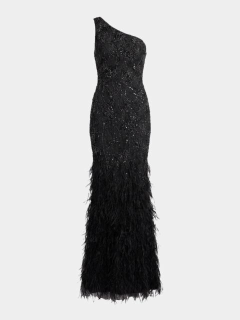 MAC DUGGAL Embellished Lace One-Shoulder Feather Gown