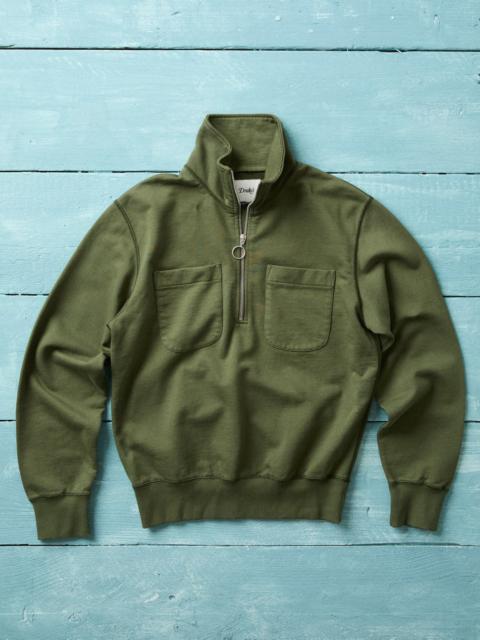 Drake's Khaki Green Cotton Quarter Zip Collared Sweatshirt