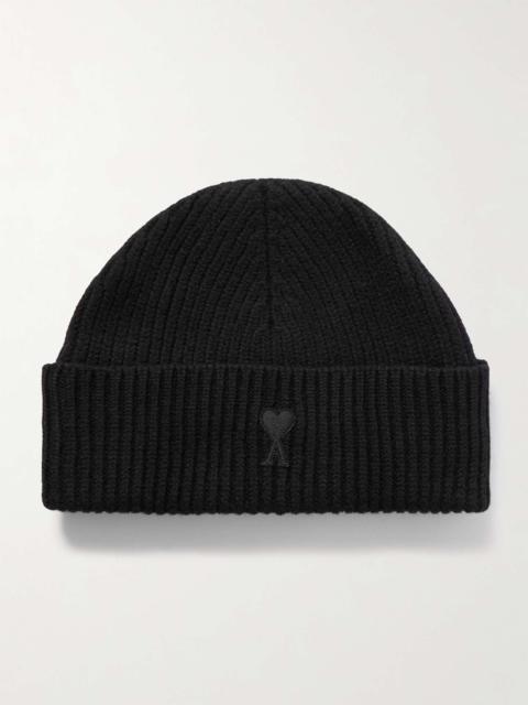 AMI Paris Logo-Appliquéd Ribbed Virgin Wool Beanie