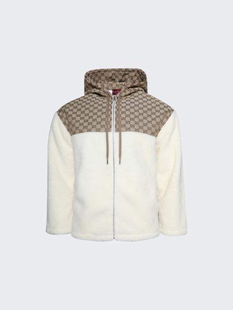 GUCCI Gg Intarsia Wool Fleece Zip Jacket Off White And Camel