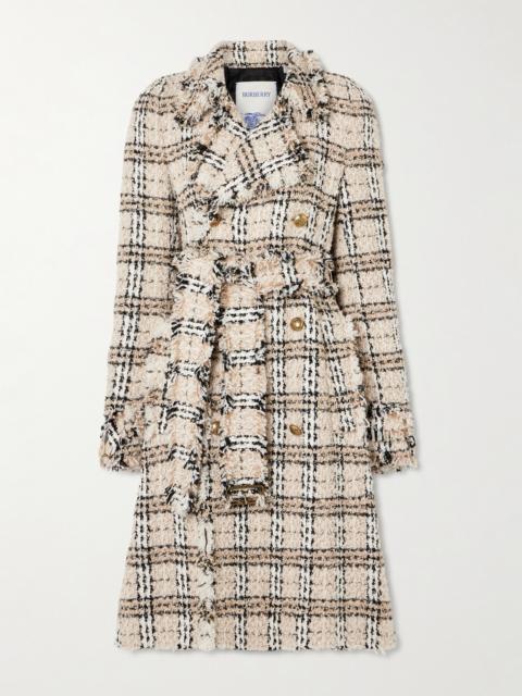 Double-breasted Belted Frayed Metallic Tweed Coat
