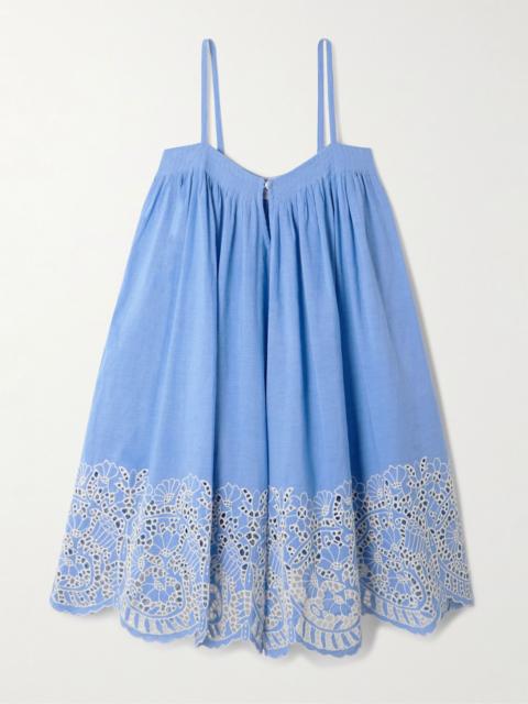 Thierry Colson Zenobia pleated broderie anglaise linen and cotton-blend mini dress Blue