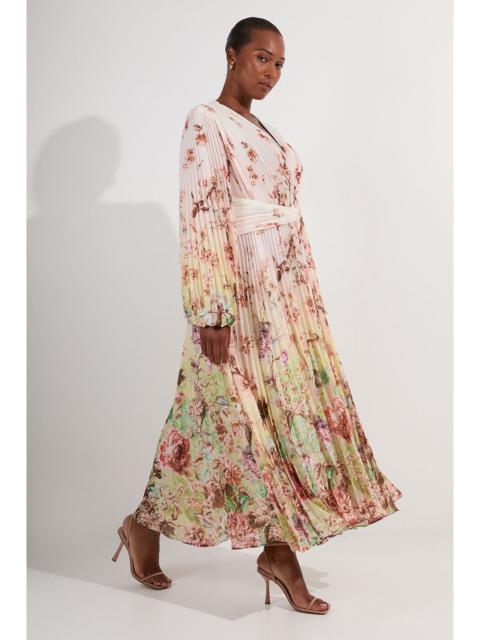 KAREN MILLEN Plus Size Scattered Floral Balloon Sleeve Pleated Crinkle Cut Out Woven Maxi Dress