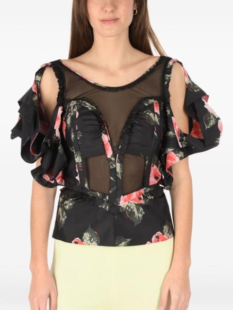Maison Margiela floral-print mesh-panel blouse