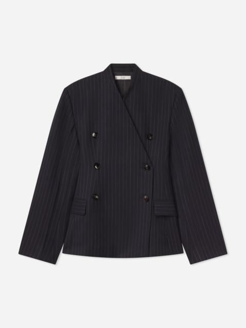 CO Double Breasted Collarless Blazer in Pinstripe Wool