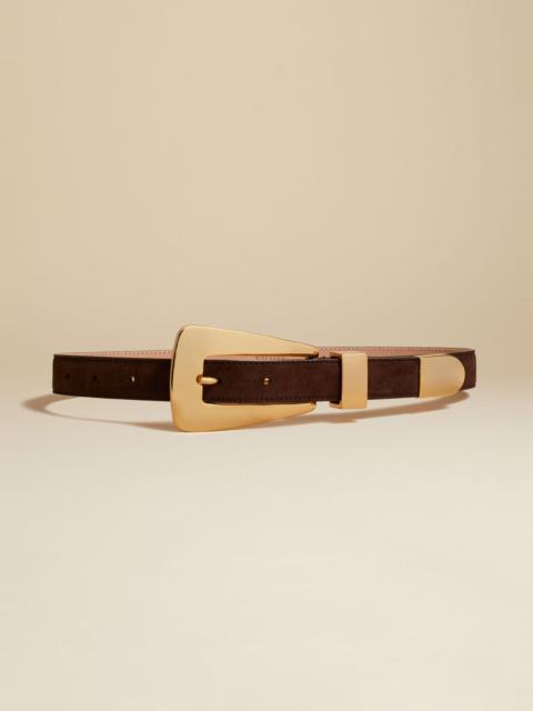 KHAITE The Lucca Belt in Coffee Suede with Gold