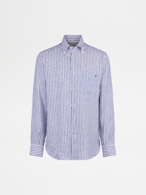 Tod's BUTTON DOWN SHIRT IN STRIPED LINEN - BLUE