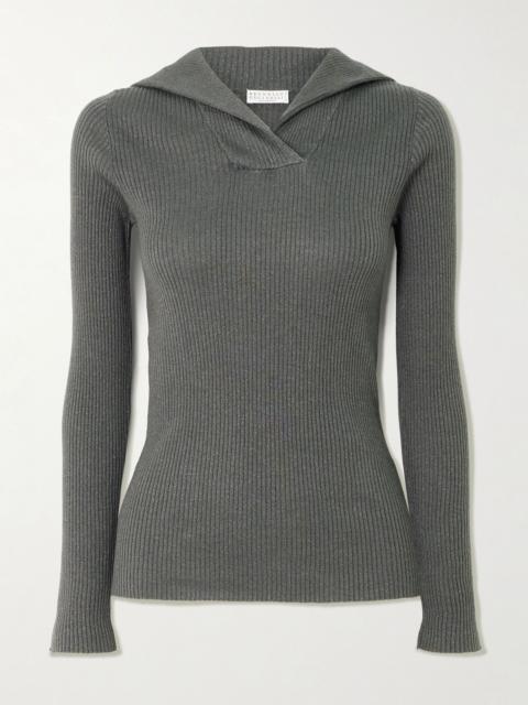 Brunello Cucinelli Ribbed metallic cashmere and silk-blend top Dark gray