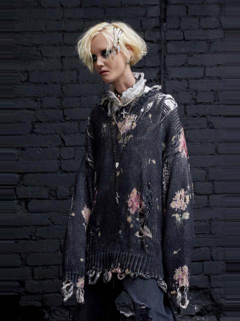 R13 DISTRESSED OVERSIZED SWEATER - FLORAL ON BLACK