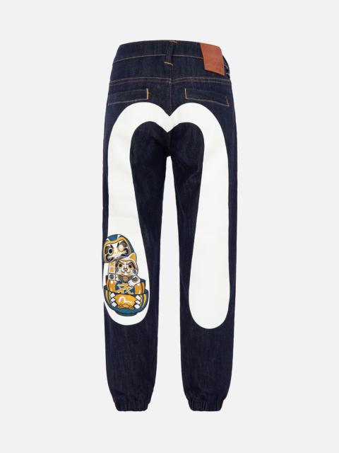 EVISU FORTUNE CAT STACKING DARUMA DAICOCK DENIM JOGGER PANTS