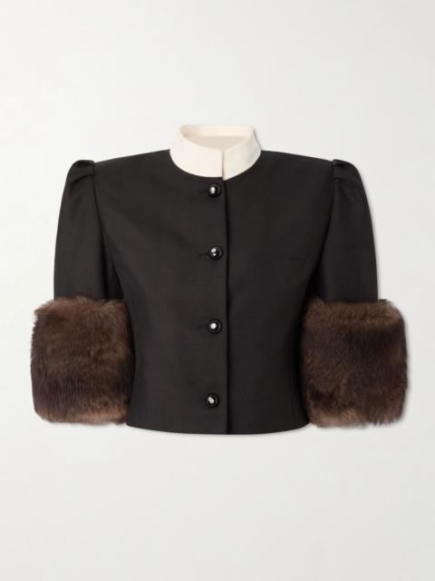 Valentino Cropped shearling-trimmed embellished silk jacket Black