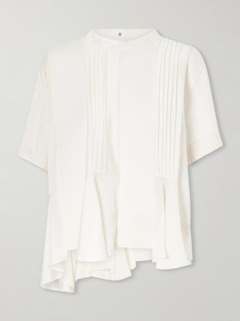 sacai Paneled Pleated Ruffled Chiffon And Cotton-blend Top