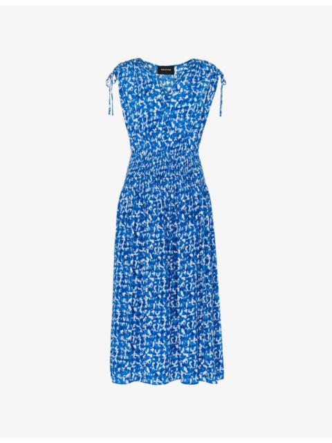 WHISTLES Brushed-Stroke Shirred-Panel Woven Midi Dress