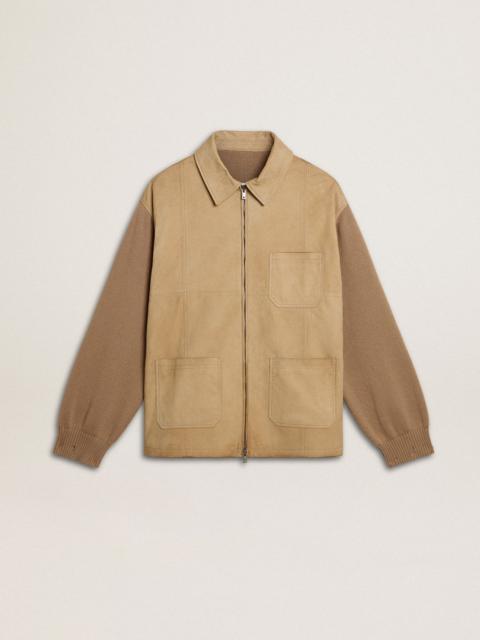 Golden Goose Men's jacket in travertine-colored nubuck leather with wool-blend sleeves and back