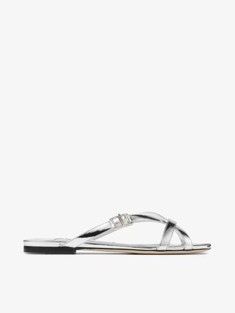 JIMMY CHOO Jess Flat
Silver Liquid Metal Leather Flat Sandals