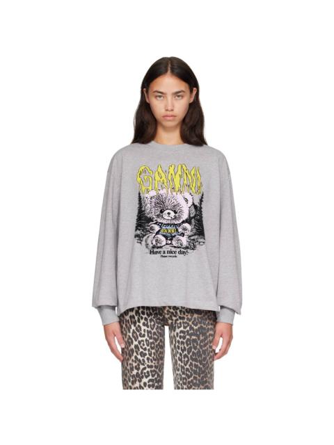 GANNI Gray Long-Sleeve Teddy Forest T-shirt