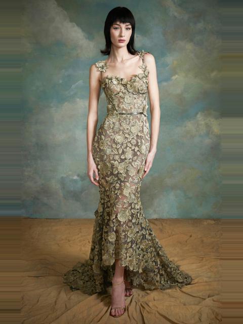 Floral-Appliqued Ruffle Maxi Dress gold