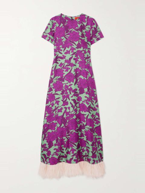 Swing feather-trimmed floral-print silk-twill maxi dress
