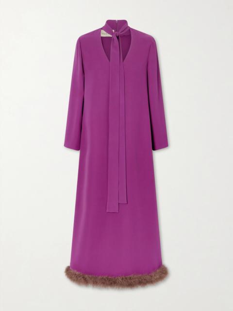 Valentino Tie-detailed Feather-trimmed Cady Midi Dress