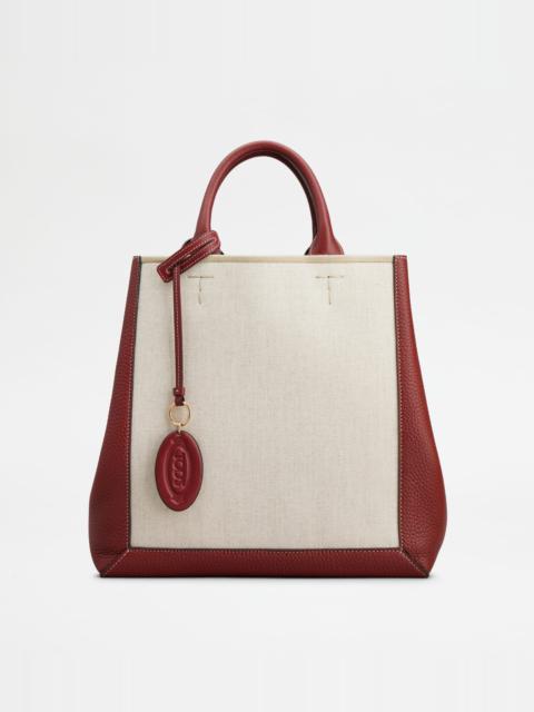 TOD'S DOUBLE UP SHOPPING BAG IN LEATHER AND CANVAS CNY MEDIUM - BEIGE, RED