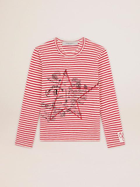 Golden Goose Women's T-shirt with white and red stripes and embroidery on the front