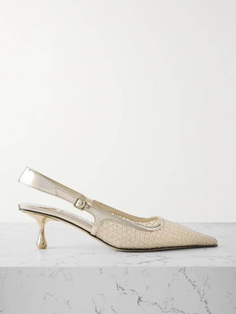 JIMMY CHOO Amel 50 Mirrored Leather-trimmed Crystal-embellished Mesh Slingback Pumps
