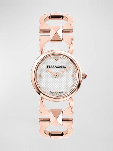 FERRAGAMO 25mm Double Gancini Stud Watch with Silver Dial, Rose Gold