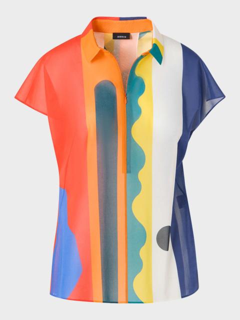 AKRIS Abstract-Print Cap-Sleeve Zipper Shirt