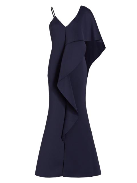 BADGLEY MISCHKA Women's Asymmetrical Neoprene Ruffle Gown - Navy