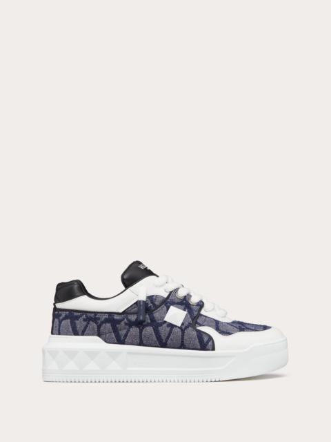 Valentino ONE STUD XL LOW-TOP SNEAKER IN DENIM-EFFECT TOILE ICONOGRAPHE JACQUARD FABRIC